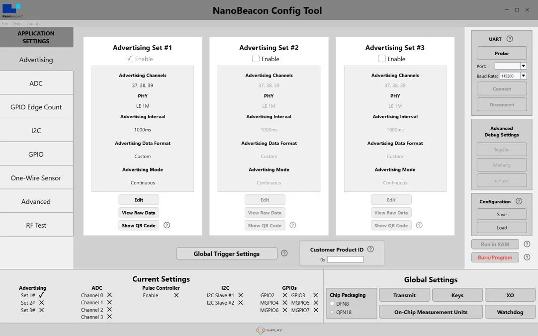 NanoBeacon Config Tool — connect your EVK and configure advertising sets, sensors, and settings with no coding required